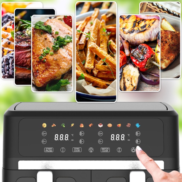 Doppelkorb Heissluftfritteuse 9L Dual Zone Air Fryer – 2x 4,5L Körbe mit Sichtfenster 2400W – LED Touch Display – XXL Heissluft Fritteuse Doppelkammer