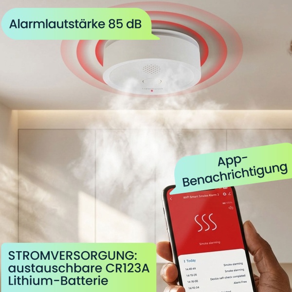 2er Set WLAN Rauchmelder mit App-Benachrichtigung – Smart vernetzter Feuermelder nach EN 14604 mit 85dB Alarm & 5 Jahren CR123A Batterielebensdauer