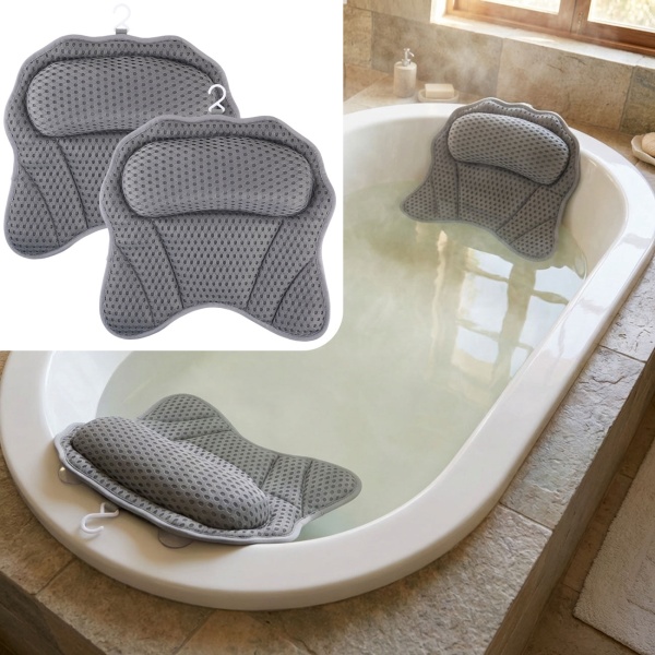 2er-Set Ergonomisches Badewannenkissen: Luxus Nackenkissen mit 6 Saugnäpfen, 4D Struktur, dunkelgrau – Bequeme Kopfstütze für Wanne und Spa