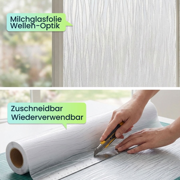 2er-Set 3D Sichtschutzfolie Wellendesign für Fenster 45x200 cm - Statisch haftende Blickschutzfolie mit UV-Schutz  - Wiederverwendbare Dekofolie