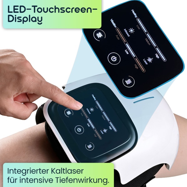 Wellness Akku-Knie-Massagegerät mit Infrarot-Wärme, Kaltlaser & Vibration – Entspannend, wohltuend & kabellos mit modernem LED-Touch-Display