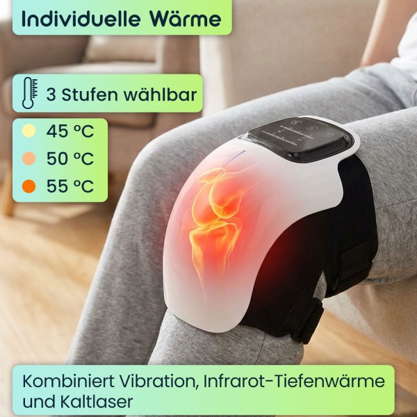 Wellness Akku-Knie-Massagegerät mit Infrarot-Wärme, Kaltlaser & Vibration – Entspannend, wohltuend & kabellos mit modernem LED-Touch-Display