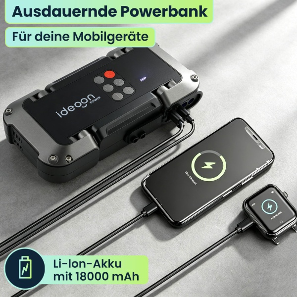 Leistungsstarke 2in1 Kfz-Starthilfe und Kompressor – Zuverlässige 18.000mAh Powerbank mit integrierter 150 PSI Luftpumpe, LCD Display