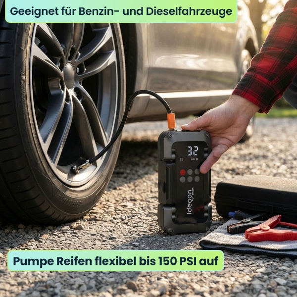Leistungsstarke 2in1 Kfz-Starthilfe und Kompressor – Zuverlässige 18.000mAh Powerbank mit integrierter 150 PSI Luftpumpe, LCD Display