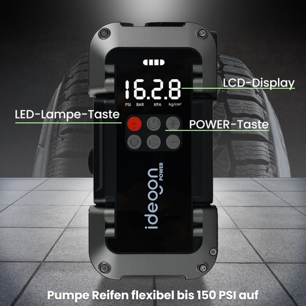 Leistungsstarke 2in1 Kfz-Starthilfe und Kompressor – Zuverlässige 18.000mAh Powerbank mit integrierter 150 PSI Luftpumpe, LCD Display