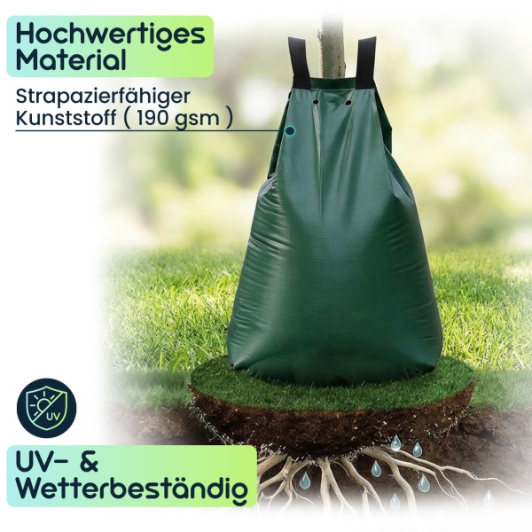 2er-Set Baum-Bewässerungssack 75L Wassersack für Bäume - UV- & Wetterbeständiger PE Wasserbeutel mit Reissverschluss & 2 Ösen - 9h Tröpfchenbewässerung