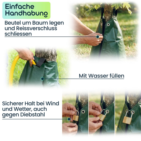 2er-Set Baum-Bewässerungssack 75L Wassersack für Bäume - UV- & Wetterbeständiger PE Wasserbeutel mit Reissverschluss & 2 Ösen - 9h Tröpfchenbewässerung