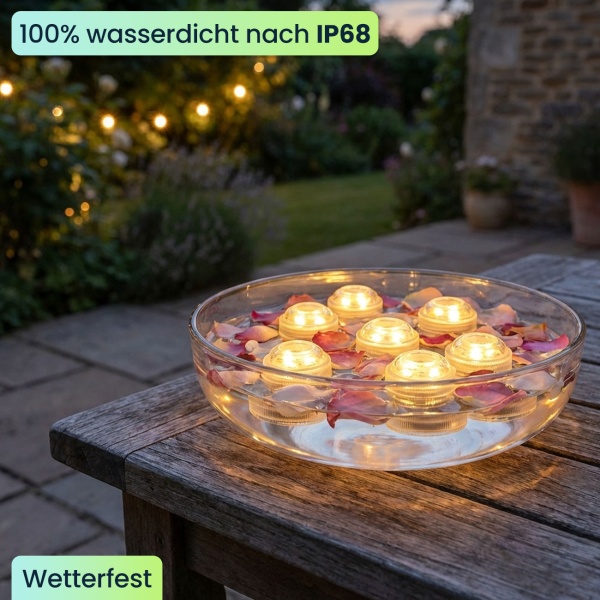 16er-Set LED-Teelichter warmweiss, IP68 wasserdicht für Pool, Badewanne, Dekoschale, Unterwasser-Licht, Garten-Deko - tauchbar & stimmungsvoll
