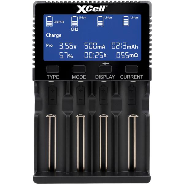 Universelles Akku-Schnellladegerät mit 4 Ladeschächten für Li-Ion, Ni-MH, LiFePO4 - LCD-Display, USB-C, Entladefunktion & Test für 18650 AA AAA Akkus