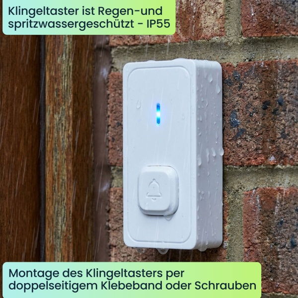 Funk Türklingel mit LED Signal & 150m Reichweite - Kabellose Klingel mit 58 Tönen, 4 Lautstärken & Stummschaltung, Top Empfang