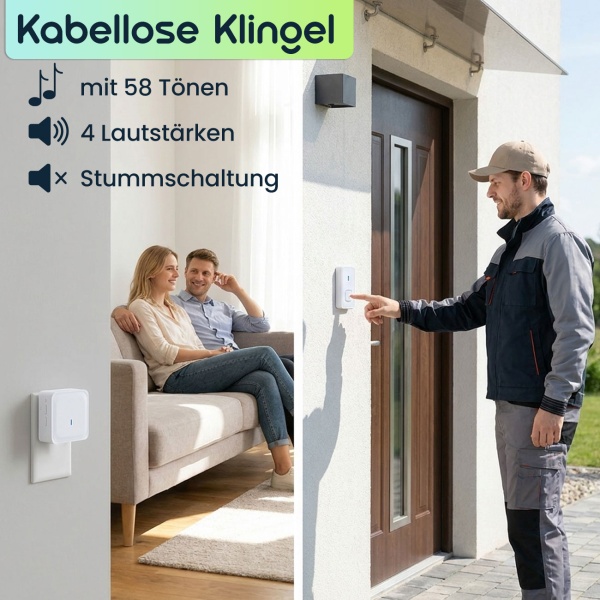 Funk Türklingel mit LED Signal & 150m Reichweite - Kabellose Klingel mit 58 Tönen, 4 Lautstärken & Stummschaltung, Top Empfang
