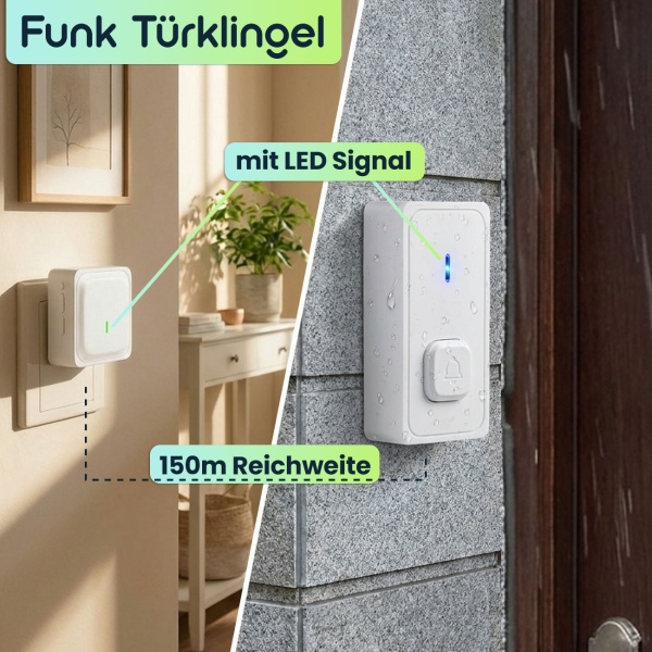Funk Türklingel mit LED Signal & 150m Reichweite - Kabellose Klingel mit 58 Tönen, 4 Lautstärken & Stummschaltung, Top Empfang