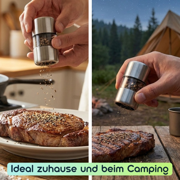 Mini Salz- Pfeffermühle Set aus Edelstahl mit Keramikmahlwerk - Gewürzmühle für Salz Pfeffer Kräuter - Acrylglas Sichtfenster - Silber