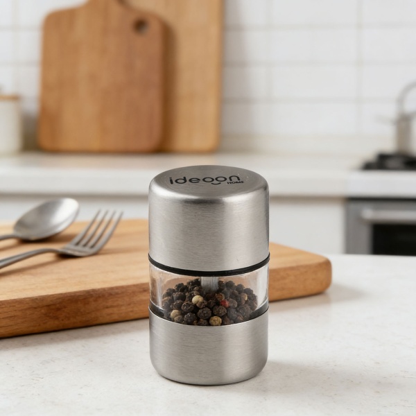 4er-Set Mini Salz- Pfeffermühle Set aus Edelstahl mit Keramikmahlwerk - Gewürzmühle für Salz Pfeffer Kräuter - Acrylglas Sichtfenster - Silber