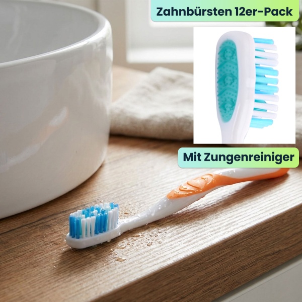 Zahnbürsten 12er-Pack mit Zungenreiniger – Ultra-Soft Handzahnbürsten Set in 4 Farben für die Familie – Rutschfester Griff für optimale Pflege