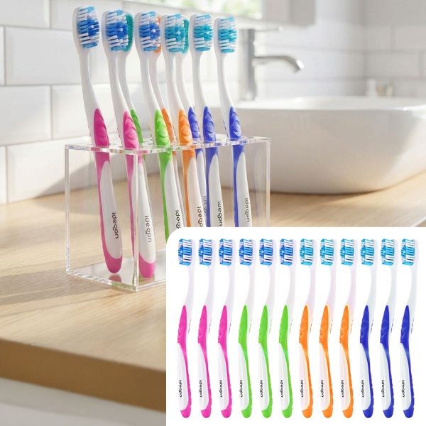 Zahnbürsten 12er-Pack mit Zungenreiniger – Ultra-Soft Handzahnbürsten Set in 4 Farben für die Familie – Rutschfester Griff für optimale Pflege