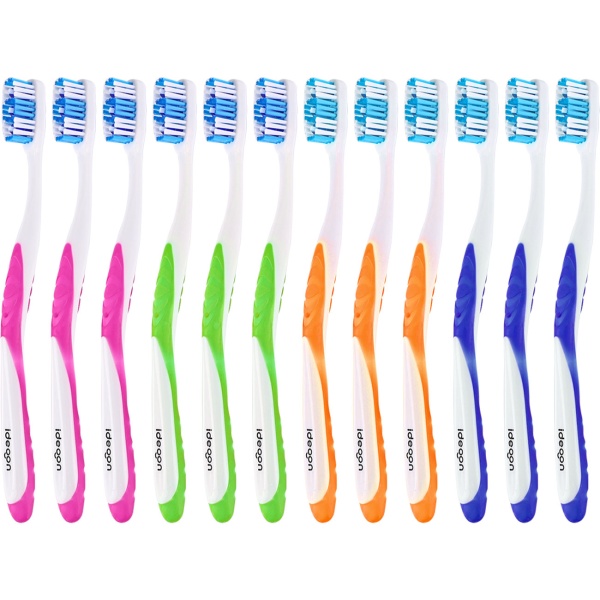 Zahnbürsten 12er-Pack mit Zungenreiniger – Medium Handzahnbürsten Set in 4 Farben für die Familie – Rutschfester Griff für optimale Pflege