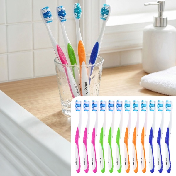 Zahnbürsten 12er-Pack mit Zungenreiniger – Medium Handzahnbürsten Set in 4 Farben für die Familie – Rutschfester Griff für optimale Pflege