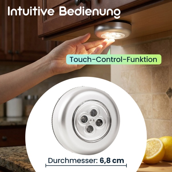 Helle LED-Unterbauleuchten 3er-Set mit Touch-Control, batteriebetriebene Schrankleuchten, selbstklebend - kabellose Push-Lights für Schränke