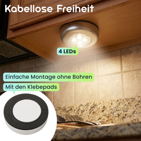 Helle LED-Unterbauleuchten 3er-Set mit Touch-Control, batteriebetriebene Schrankleuchten, selbstklebend - kabellose Push-Lights für Schränke