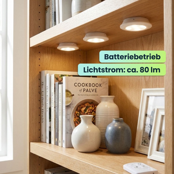 LED Unterbauleuchten 3er Set mit Fernbedienung & Touch - Batteriebetrieben Dimmbar Neutralweiss - Selbstklebende Spotlights mit Timer Ø9x2cm 3W