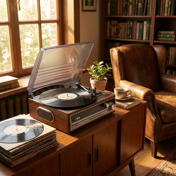 Retro Plattenspieler in Holz-Optik mit FM-Radio & eingebauten Lautsprechern - Vintage Schallplattenspieler & edles Musik-System für erstklassigen Sound