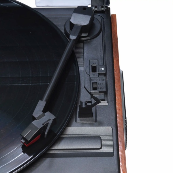 Retro Plattenspieler in Holz-Optik mit FM-Radio & eingebauten Lautsprechern - Vintage Schallplattenspieler & edles Musik-System für erstklassigen Sound