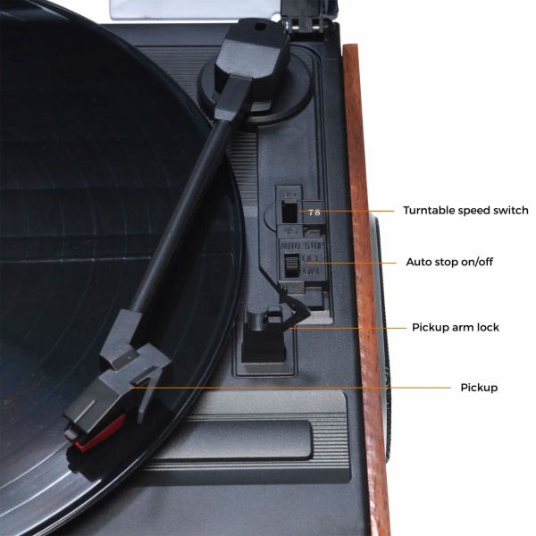 Retro Plattenspieler in Holz-Optik mit FM-Radio & eingebauten Lautsprechern - Vintage Schallplattenspieler & edles Musik-System für erstklassigen Sound