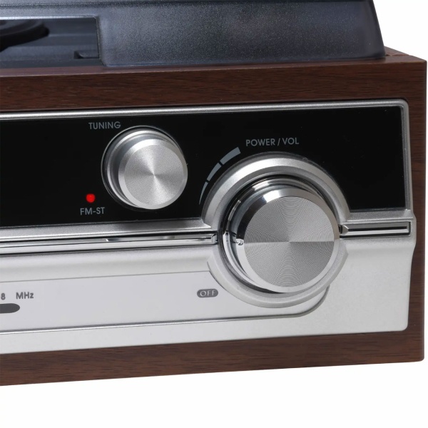 Retro Plattenspieler in Holz-Optik mit FM-Radio & eingebauten Lautsprechern - Vintage Schallplattenspieler & edles Musik-System für erstklassigen Sound