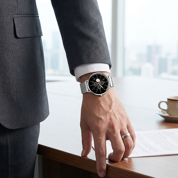 Bluetooth Smartwatch Silber, 1.32" Amoled Display: IP68 Wasserfest, Blutdruck/Pulsmesser/SpO₂/Stress Sensor - Perfekt für Sport, Anrufe & Fitness