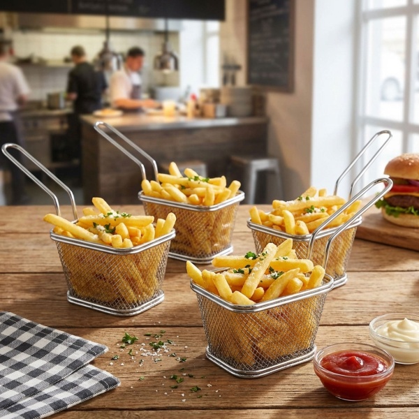 4er-Set Eleganter Mini Servierkorb verchromt - kleiner Pommeskorb- Robuster Gitterkorb mit Griff für Snack-Präsentationen