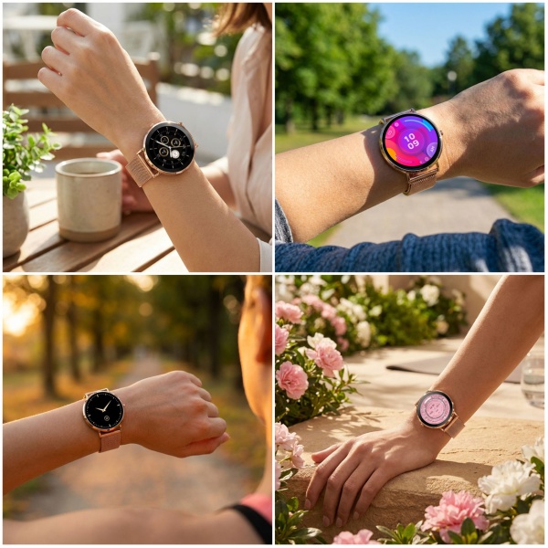Bluetooth Smartwatch Roségold, 1.32" Amoled Display: IP68 Wasserfest, Blutdruck/Pulsmesser/SpO₂/Stress Sensor - Perfekt für Sport, Anrufe & Fitness