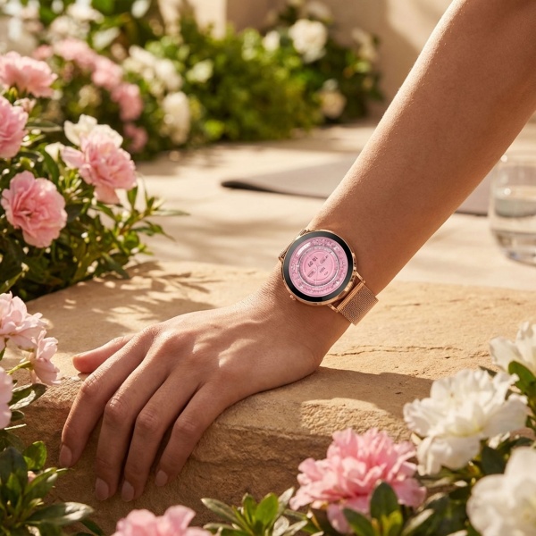 Bluetooth Smartwatch Roségold, 1.32" Amoled Display: IP68 Wasserfest, Blutdruck/Pulsmesser/SpO₂/Stress Sensor - Perfekt für Sport, Anrufe & Fitness