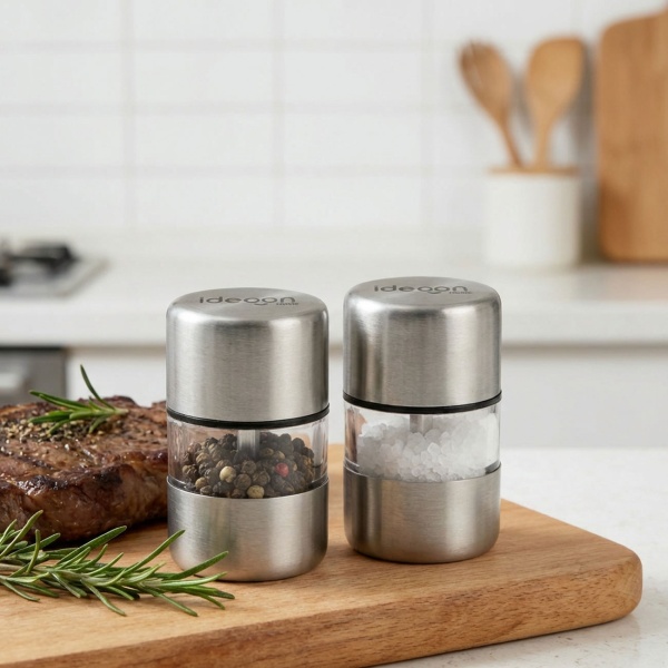 2er-Set Mini Salz- Pfeffermühle Set aus Edelstahl mit Keramikmahlwerk - Gewürzmühle für Salz Pfeffer Kräuter - Acrylglas Sichtfenster - Silber