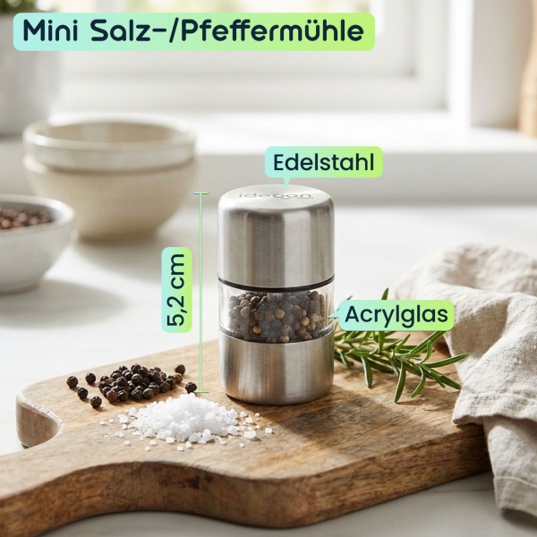 2er-Set Mini Salz- Pfeffermühle aus Edelstahl mit Keramikmahlwerk - Gewürzmühle für Salz Pfeffer Kräuter - Acrylglas Sichtfenster - Silber