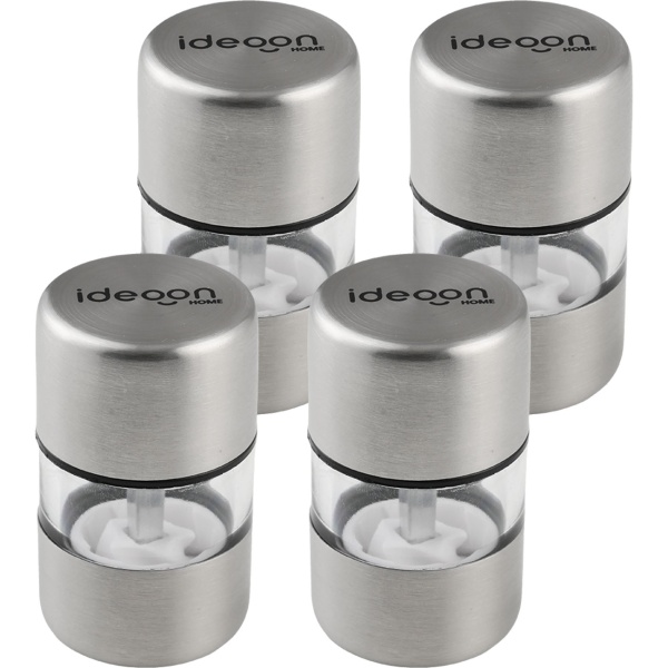 4er-Set Mini Salz- Pfeffermühle Set aus Edelstahl mit Keramikmahlwerk - Gewürzmühle für Salz Pfeffer Kräuter - Acrylglas Sichtfenster - Silber