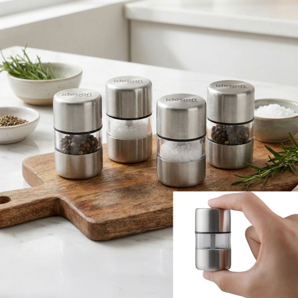 4er-Set Mini Salz- Pfeffermühle Set aus Edelstahl mit Keramikmahlwerk - Gewürzmühle für Salz Pfeffer Kräuter - Acrylglas Sichtfenster - Silber