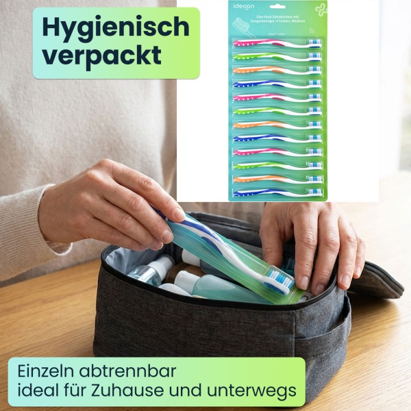 Zahnbürsten 24er-Pack mit Zungenreiniger – Ultra-Soft Handzahnbürsten Set in 4 Farben für die Familie – Rutschfester Griff für optimale Pflege