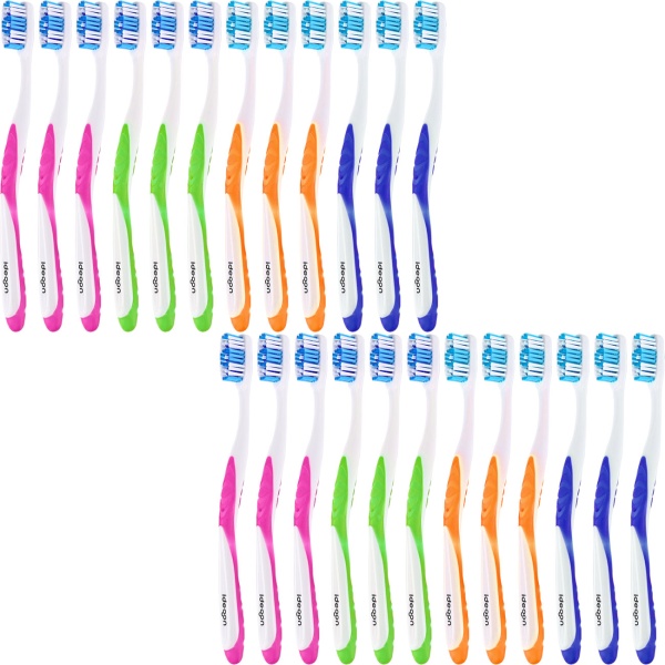 Zahnbürsten 24er-Pack mit Zungenreiniger – Hart Handzahnbürsten Set in 4 Farben für die Familie – Rutschfester Griff für optimale Pflege