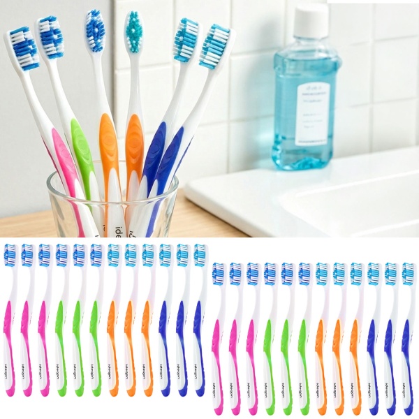 Zahnbürsten 24er-Pack mit Zungenreiniger – Hart Handzahnbürsten Set in 4 Farben für die Familie – Rutschfester Griff für optimale Pflege