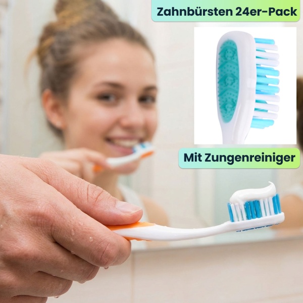 Zahnbürsten 24er-Pack mit Zungenreiniger – Medium Handzahnbürsten Set in 4 Farben für die Familie – Rutschfester Griff für optimale Pflege
