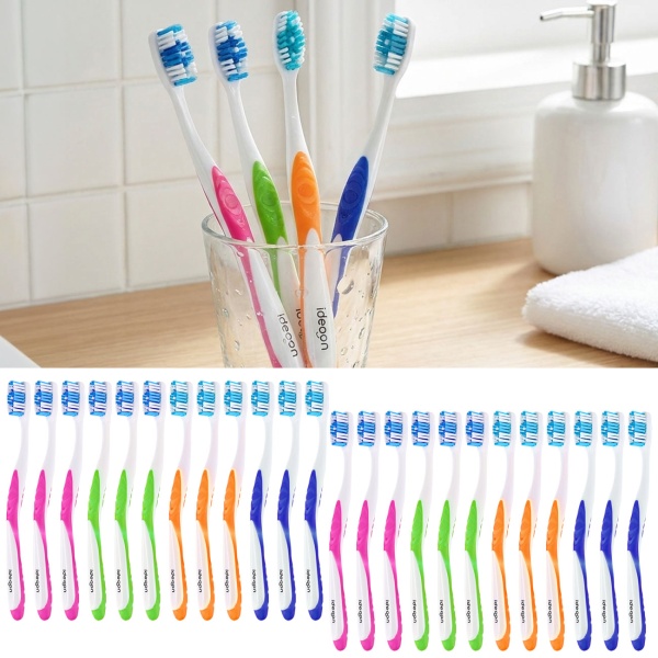 Zahnbürsten 24er-Pack mit Zungenreiniger – Medium Handzahnbürsten Set in 4 Farben für die Familie – Rutschfester Griff für optimale Pflege