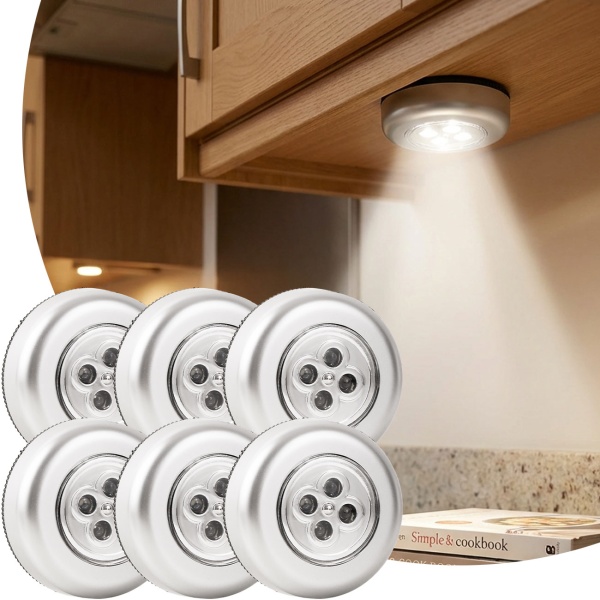 Helle LED-Unterbauleuchten 6er-Set mit Touch-Control, batteriebetriebene Schrankleuchten, selbstklebend - kabellose Push-Lights für Schränke