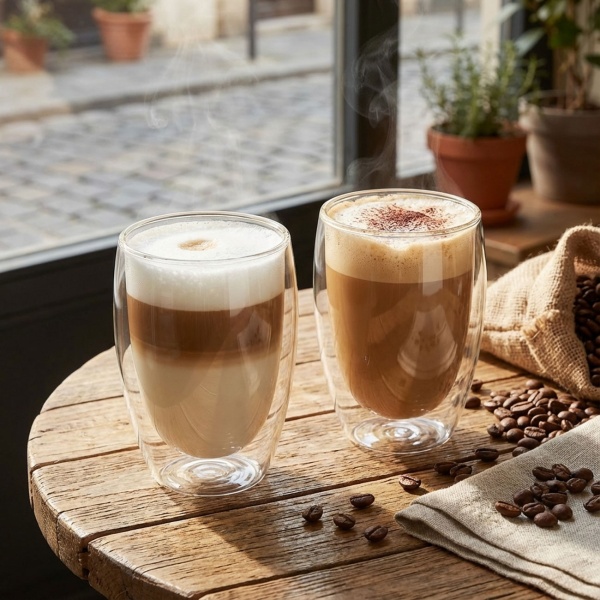 2er-Set Doppelwandiges Kaffee-Glas, je 350 ml, Schwebeeffekt, hitzebeständiges Barista Glas, Cappuccino, Latte-Macchiato, Tee