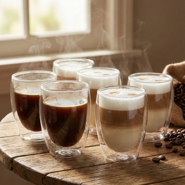 6er-Set Doppelwandiges Kaffee-Glas, je 350 ml, Schwebeeffekt, hitzebeständiges Barista Glas, Cappuccino, Latte-Macchiato, Tee
