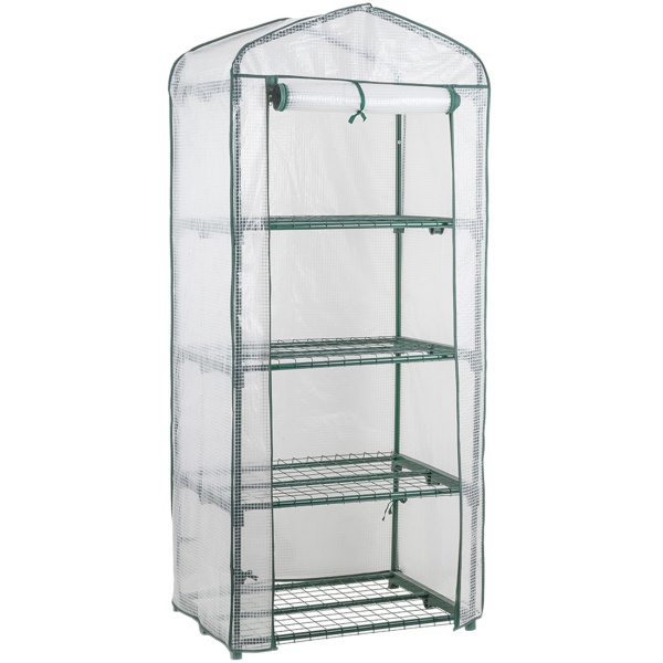 Folien-Gewächshaus 49x69x160 cm mit 4 Ebenen, stabiles Pflanzenanzuchthaus mit PE-Gitterfolie 120gsm, Rolltür, Stahlgestell & Stecksystem für Balkon und Garten