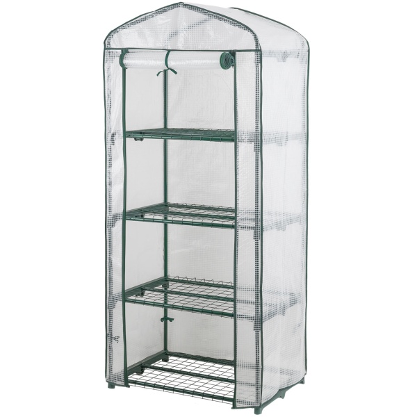 Folien-Gewächshaus 49x69x160 cm mit 4 Ebenen, stabiles Pflanzenanzuchthaus mit PE-Gitterfolie 120gsm, Rolltür, Stahlgestell & Stecksystem für Balkon und Garten