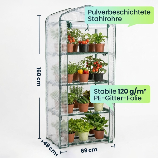 Folien-Gewächshaus 49x69x160 cm mit 4 Ebenen, stabiles Pflanzenanzuchthaus mit PE-Gitterfolie 120gsm, Rolltür, Stahlgestell & Stecksystem für Balkon und Garten
