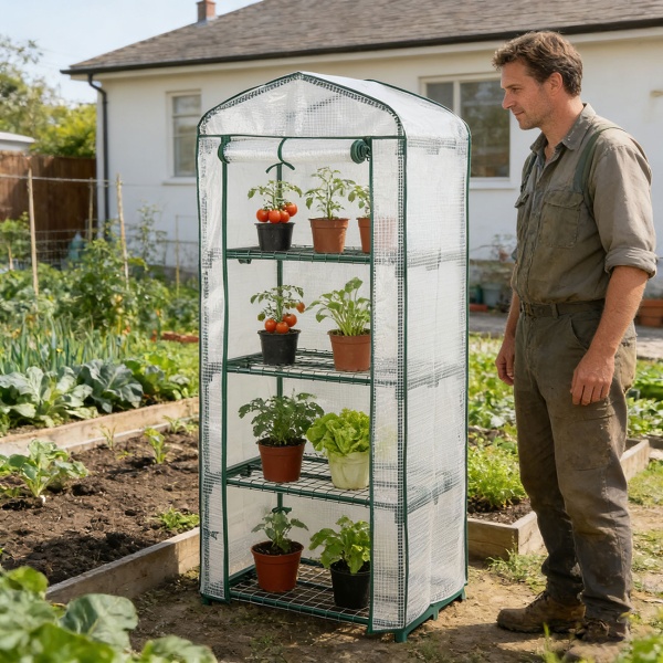 Folien-Gewächshaus 49x69x160 cm mit 4 Ebenen, stabiles Pflanzenanzuchthaus mit PE-Gitterfolie 120gsm, Rolltür, Stahlgestell & Stecksystem für Balkon und Garten