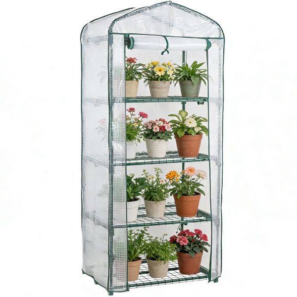 Folien-Gewächshaus 49x69x160 cm mit 4 Ebenen, stabiles Pflanzenanzuchthaus mit PE-Gitterfolie 120gsm, Rolltür, Stahlgestell & Stecksystem für Balkon und Garten